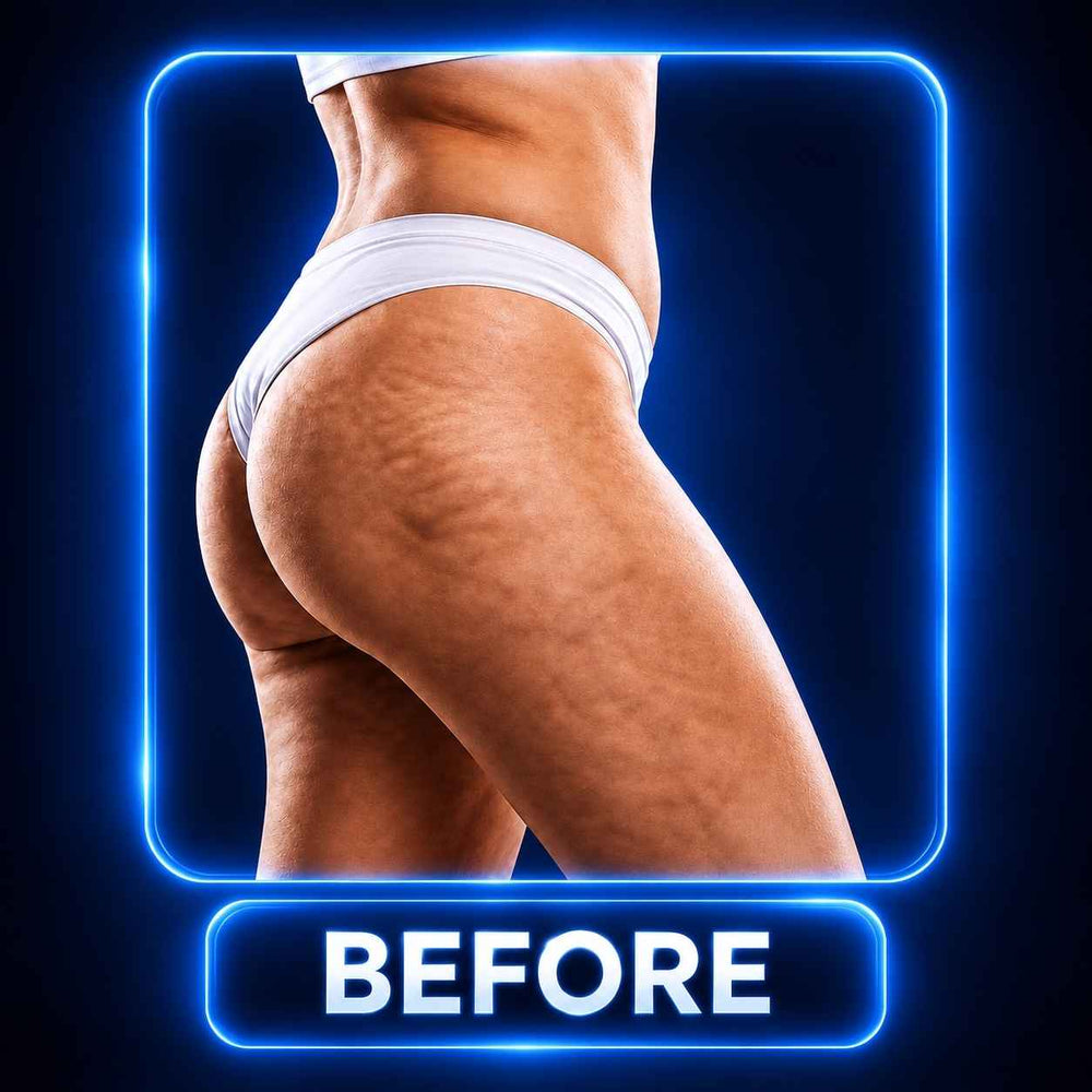 Before comparison image showing skin texture on the lower back and buttocks, framed in blue.
