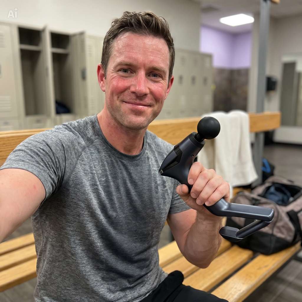 Man using a massage gun in a locker room setting