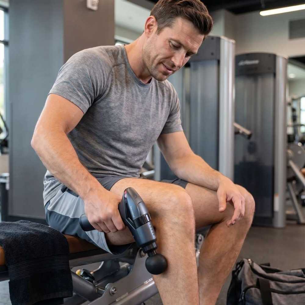 Man using a massage gun on his leg in a gym setting