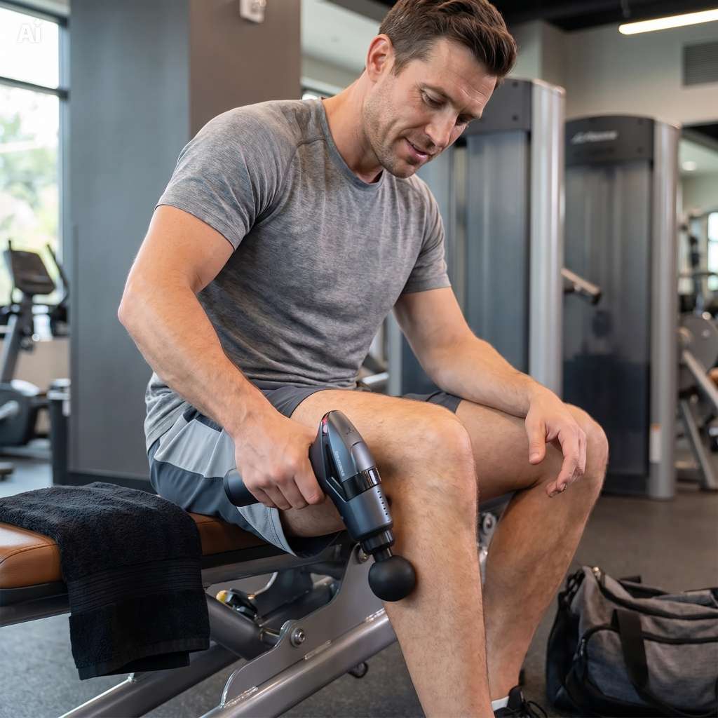 Man using a massage gun on his leg in a gym setting