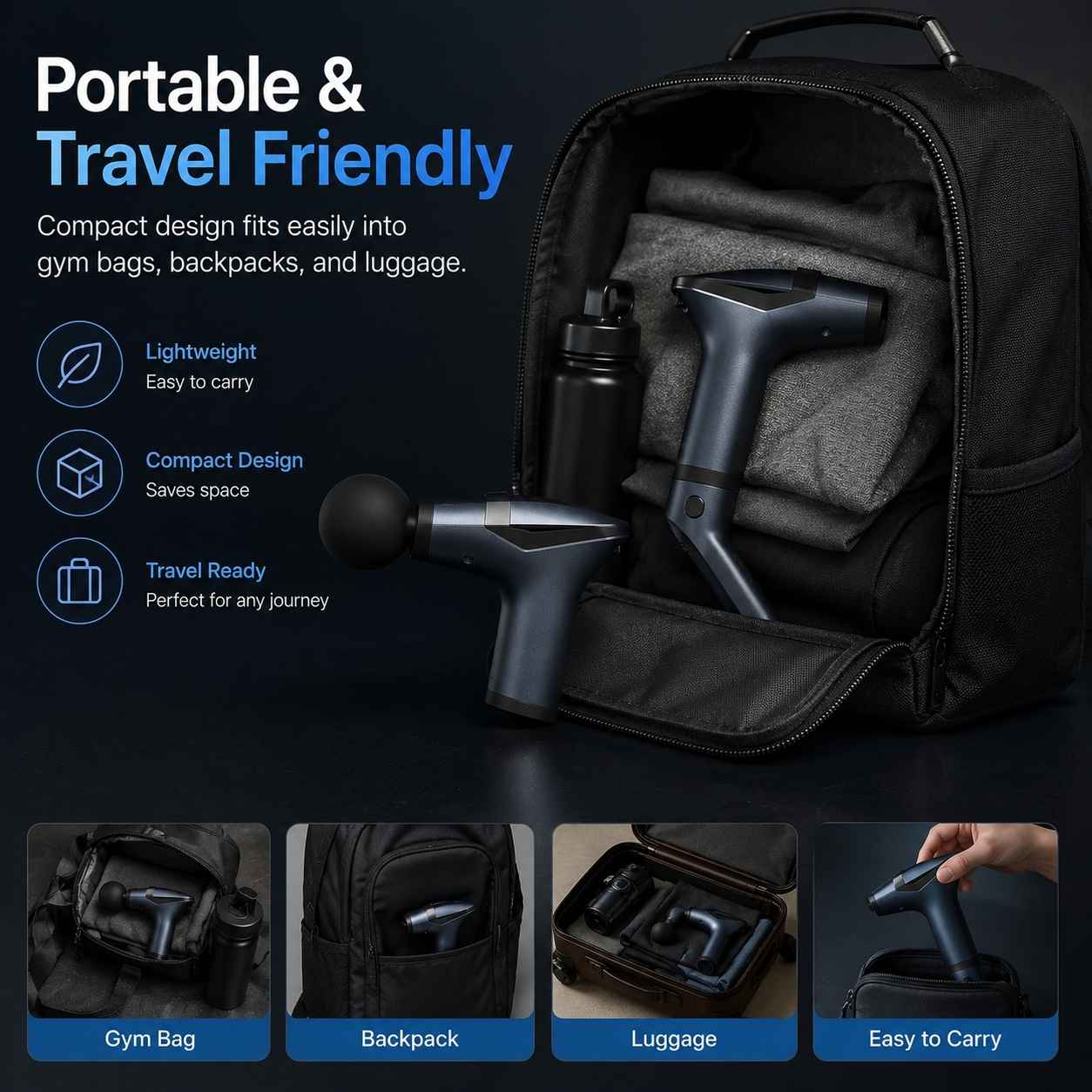 Black backpack with travel-friendly equipment, including a handheld device and bottle, on a dark background.