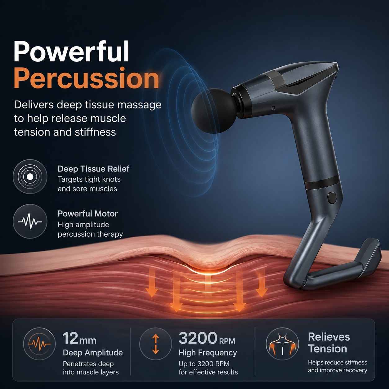 Massage gun with text explaining its features on a dark background