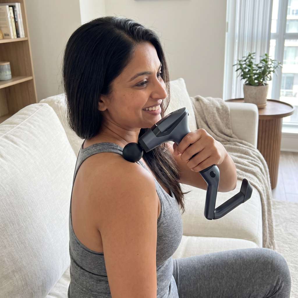 Woman using a neck massager in a living room setting
