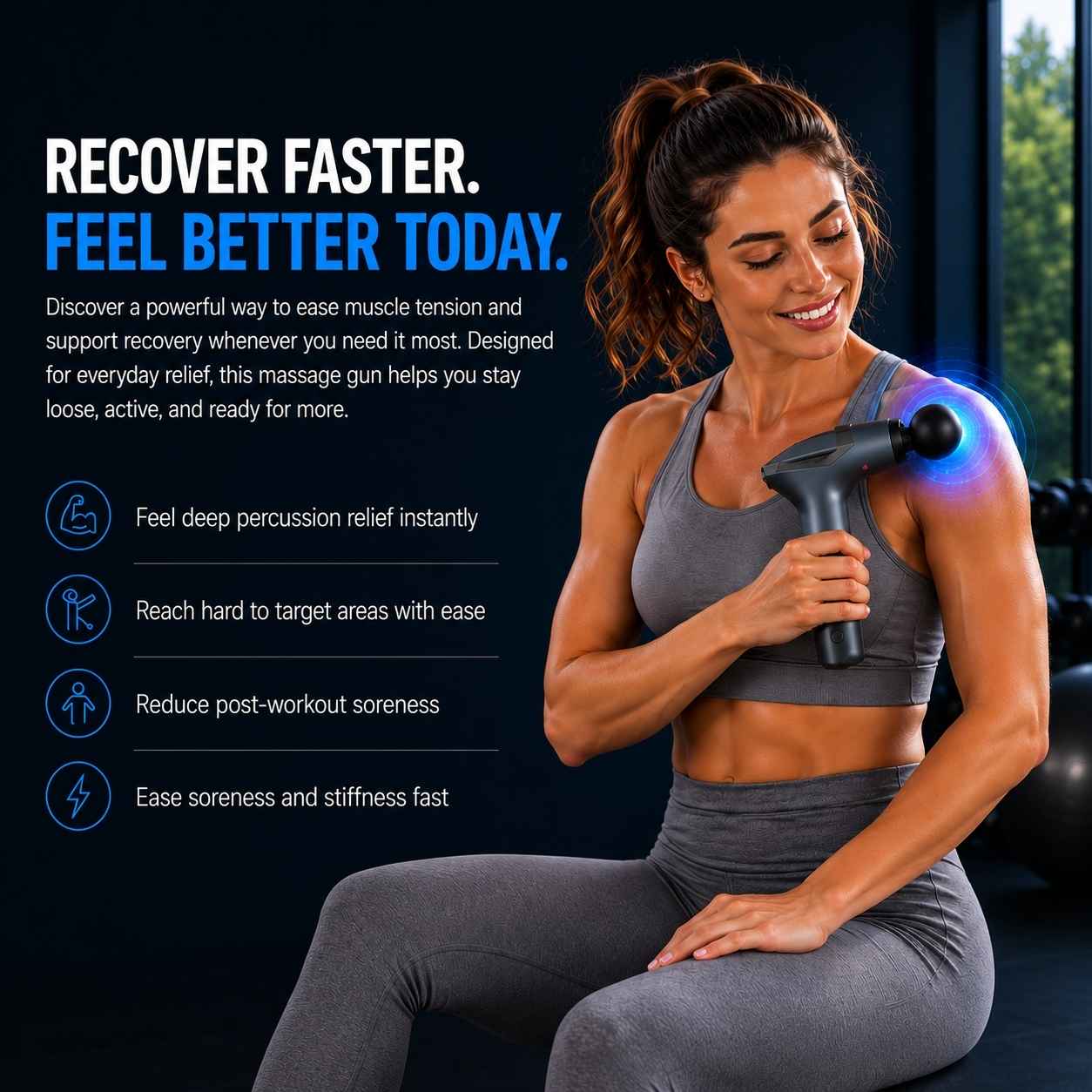 Woman using a massage gun with promotional text about muscle recovery benefits.