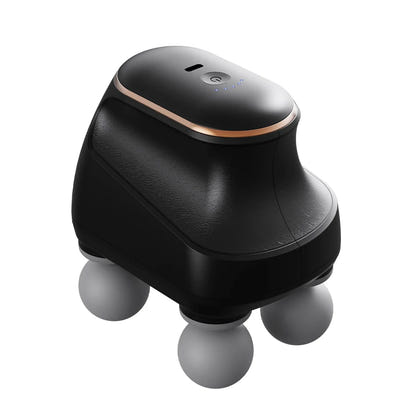 Black handheld massager with roller balls on a white background