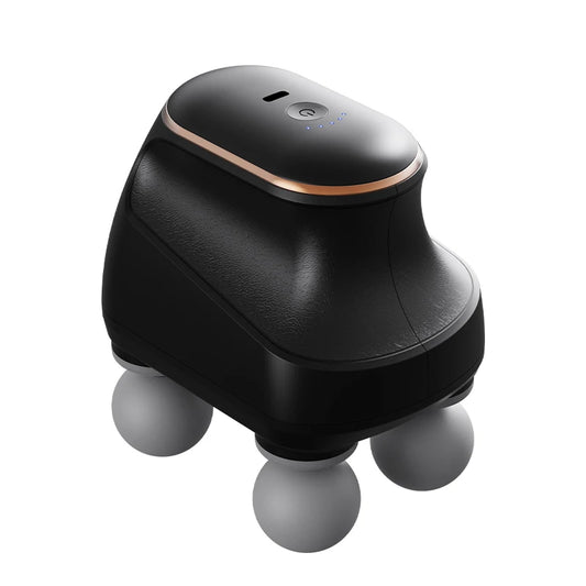 Black handheld massager with roller balls on a white background