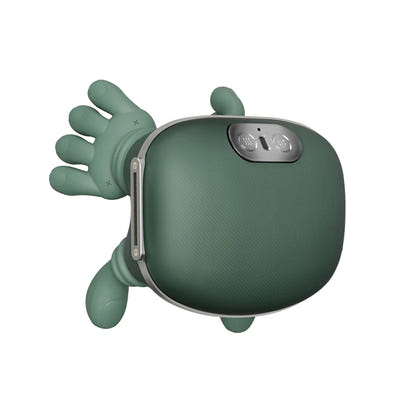 Green electronic device with a cartoonish design on a white background