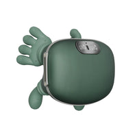 Green electronic device with a cartoonish design on a white background