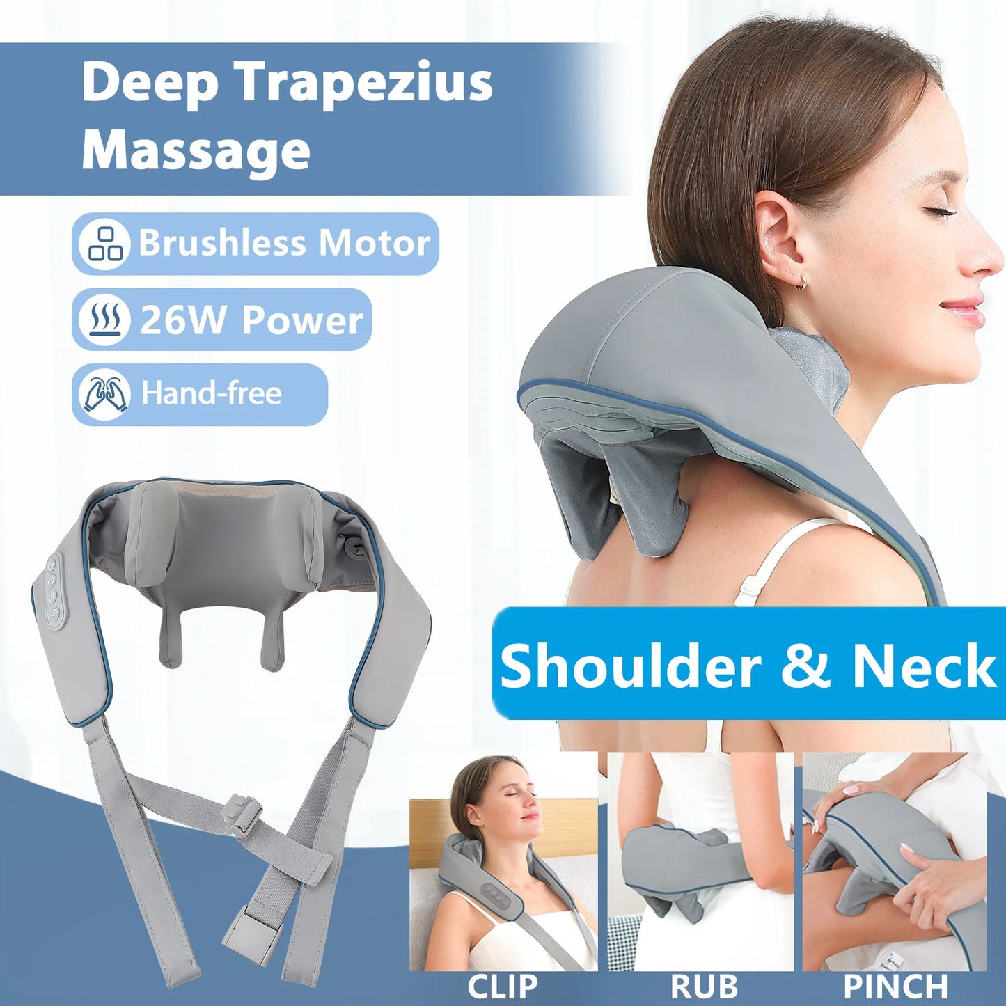 Neck and shoulder massager with text highlighting features and usage scenarios.