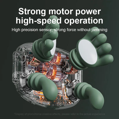 Mechanical component with green parts and text about motor power and high-speed operation.