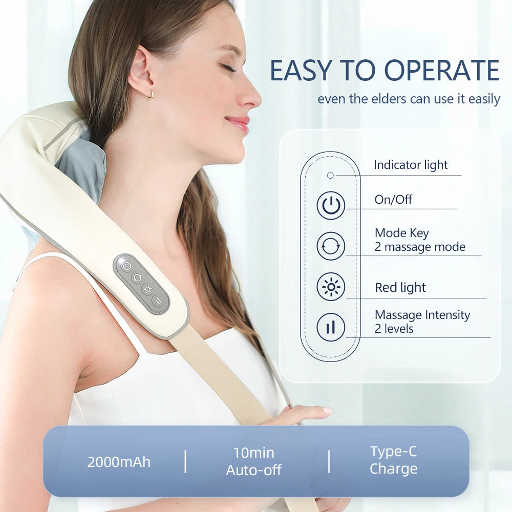 Woman using a neck and shoulder massager with product features displayed on a white background