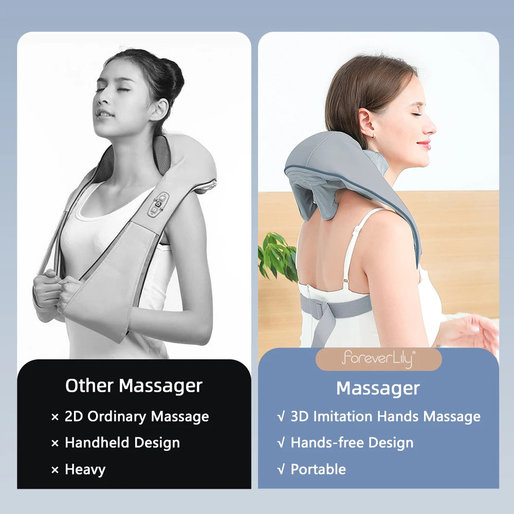 Woman using a neck and shoulder massager with text comparing it to other massage devices.