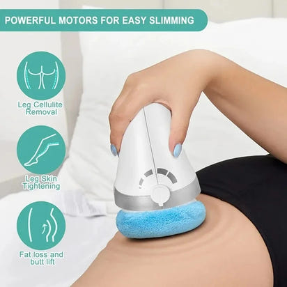 Handheld device for leg cellulite removal, skin tightening, and fat loss on a person's leg.