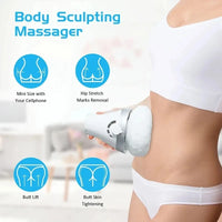 Body sculpting massager with icons indicating features on a blurred background