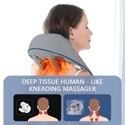 Woman using a deep tissue human-like kneading massager on her neck with text and illustrations.