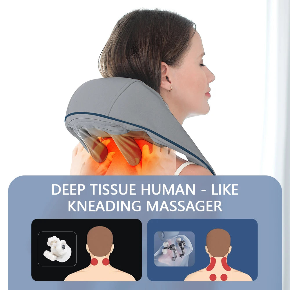Woman using a deep tissue human-like kneading massager on her neck with text and illustrations.