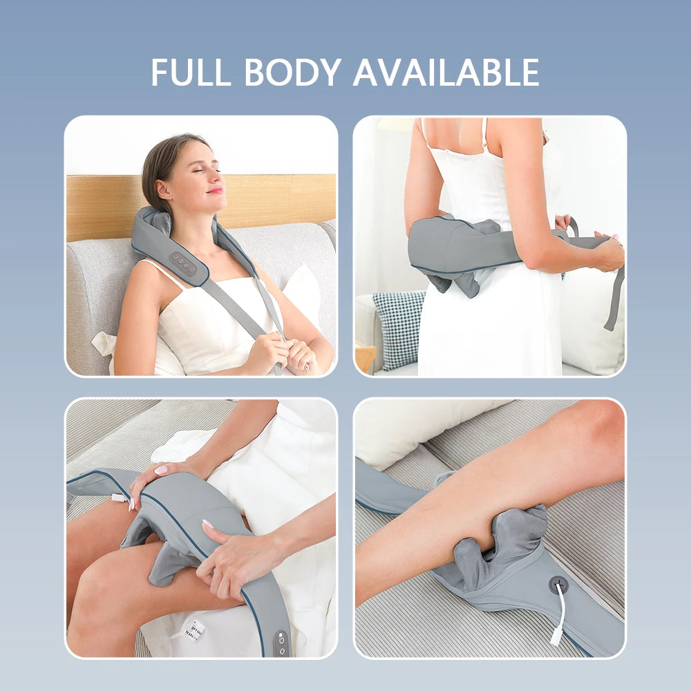 Collage of a person using a gray neck and shoulder massager in various positions.