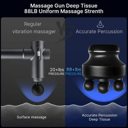 Massage gun with text highlighting deep tissue and surface massage features.