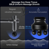 Massage gun with text highlighting deep tissue and surface massage features.