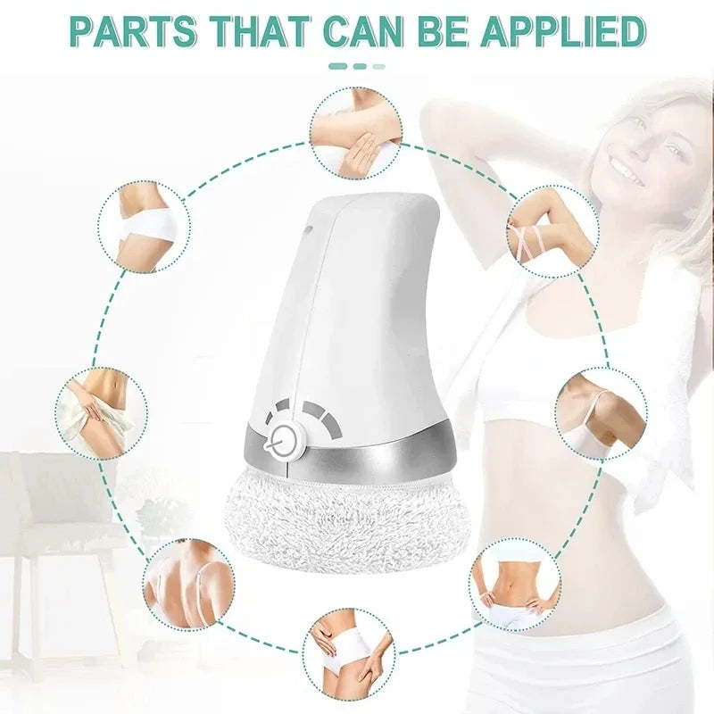 White and silver device with circular illustrations showing application on various parts of the body.