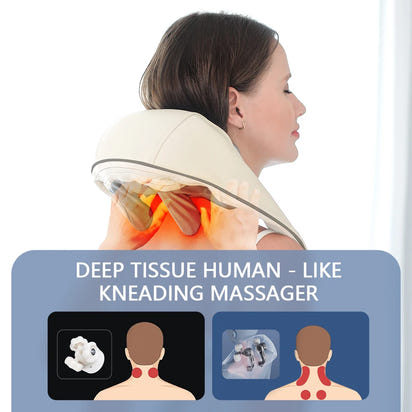 Woman using a neck and shoulder massager with text 'Deep tissue human-like kneading massager'.