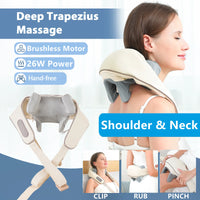 Neck and shoulder massager with features highlighted on a white background