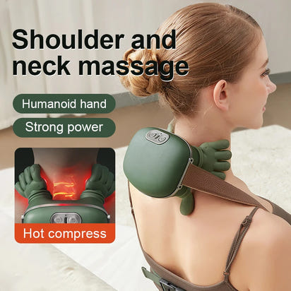 Person using a green shoulder and neck massage device with text highlighting features like 'humanoid hand', 'strong power', and 'hot compress'.