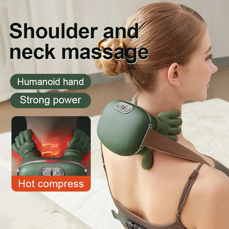 Person using a green shoulder and neck massage device with text highlighting features like 'humanoid hand', 'strong power', and 'hot compress'.