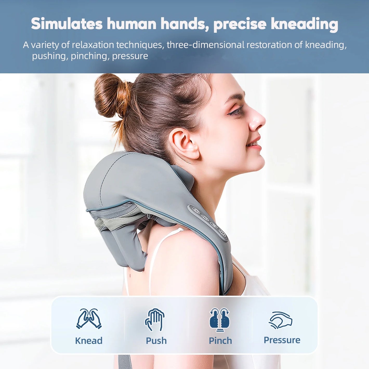 Woman using a neck and shoulder massager with text describing its features.