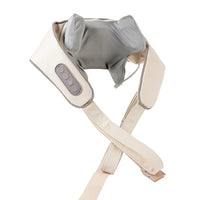Neck and shoulder massager with beige strap and gray cushion on a white background