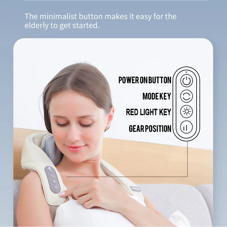 Woman using a neck and shoulder massager with text on an elderly-friendly product.