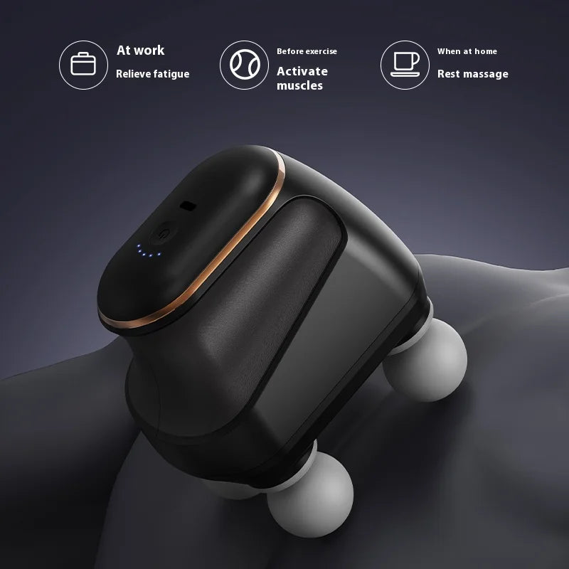 Black handheld massager on a dark background with usage scenarios listed.