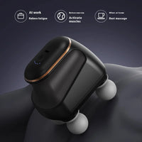 Black handheld massager on a dark background with usage scenarios listed.