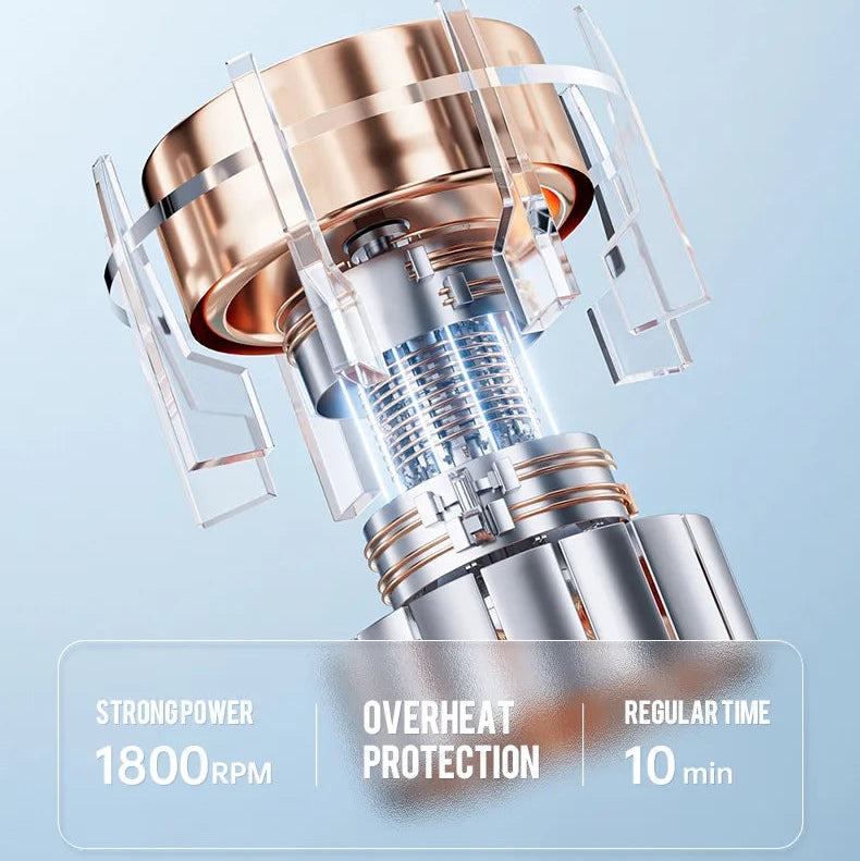 DC brushless motor with text highlighting its features on a light blue background