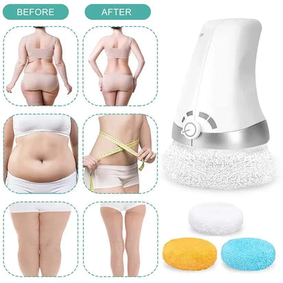 Before and after comparison of a body treatment device with a white device and two stones on a white background.