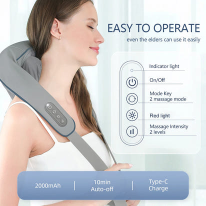 Woman using a neck and shoulder massager with product features displayed on screen.
