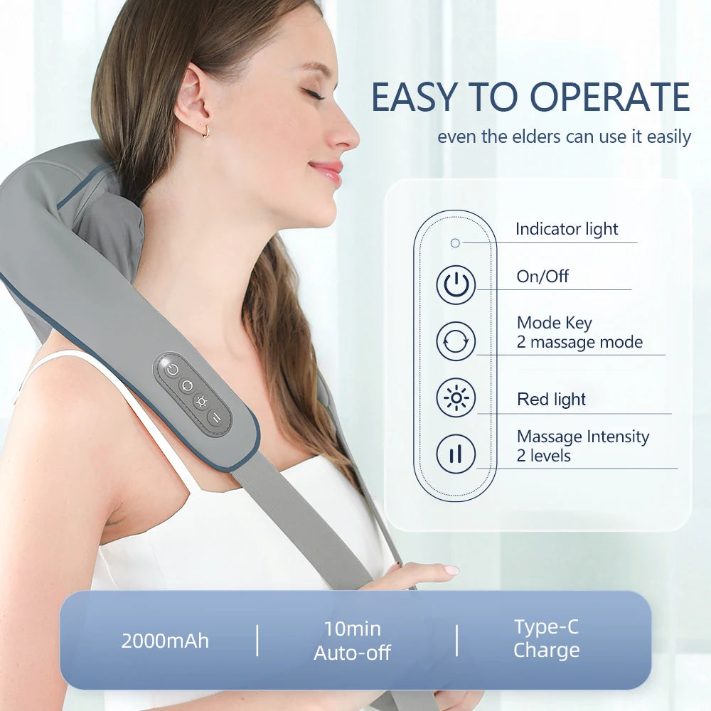 Woman using a neck and shoulder massager with product features displayed on screen.