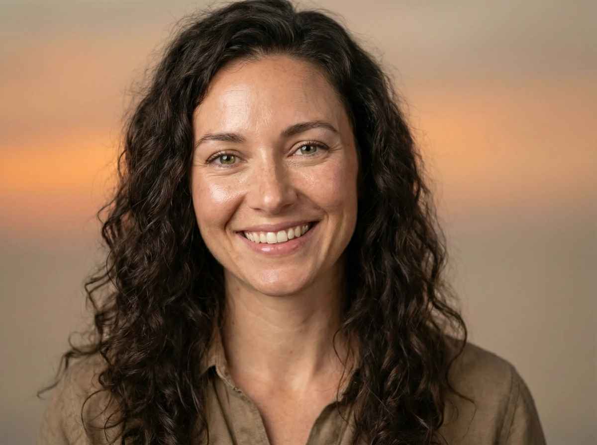 Woman with long dark hair smiling against a warm-toned background