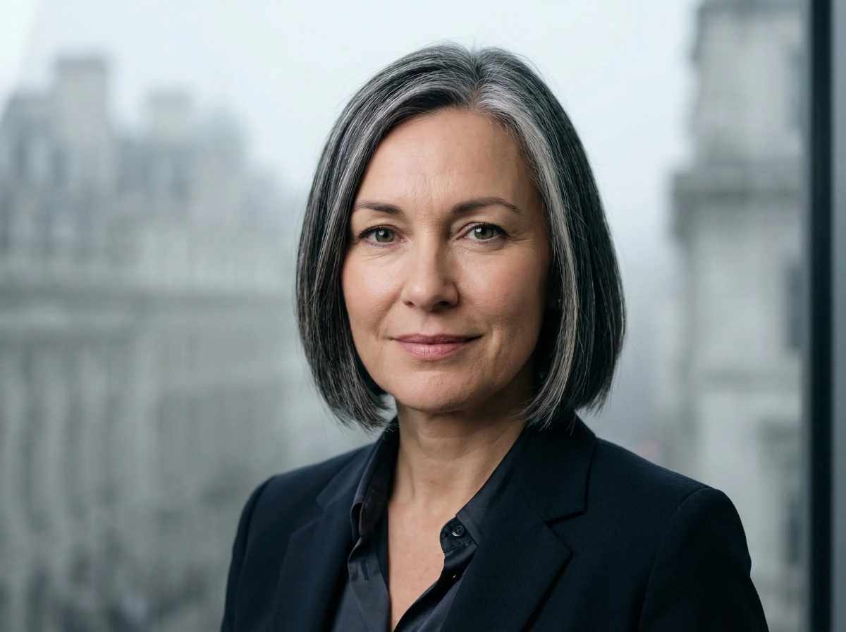 Woman with gray hair wearing a dark blazer in front of a blurred cityscape