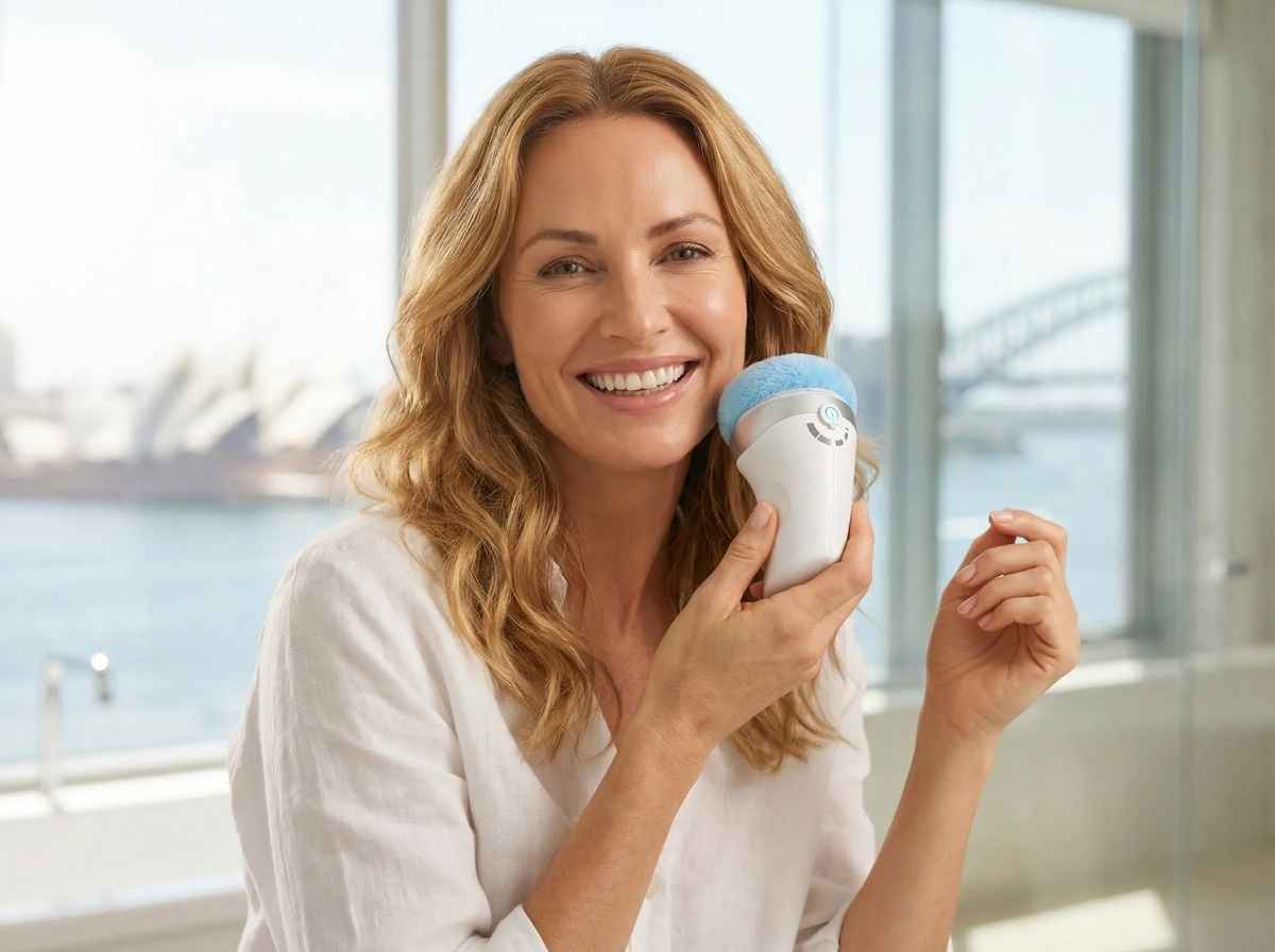 Woman holding a blue and white product with a blurred cityscape in the background