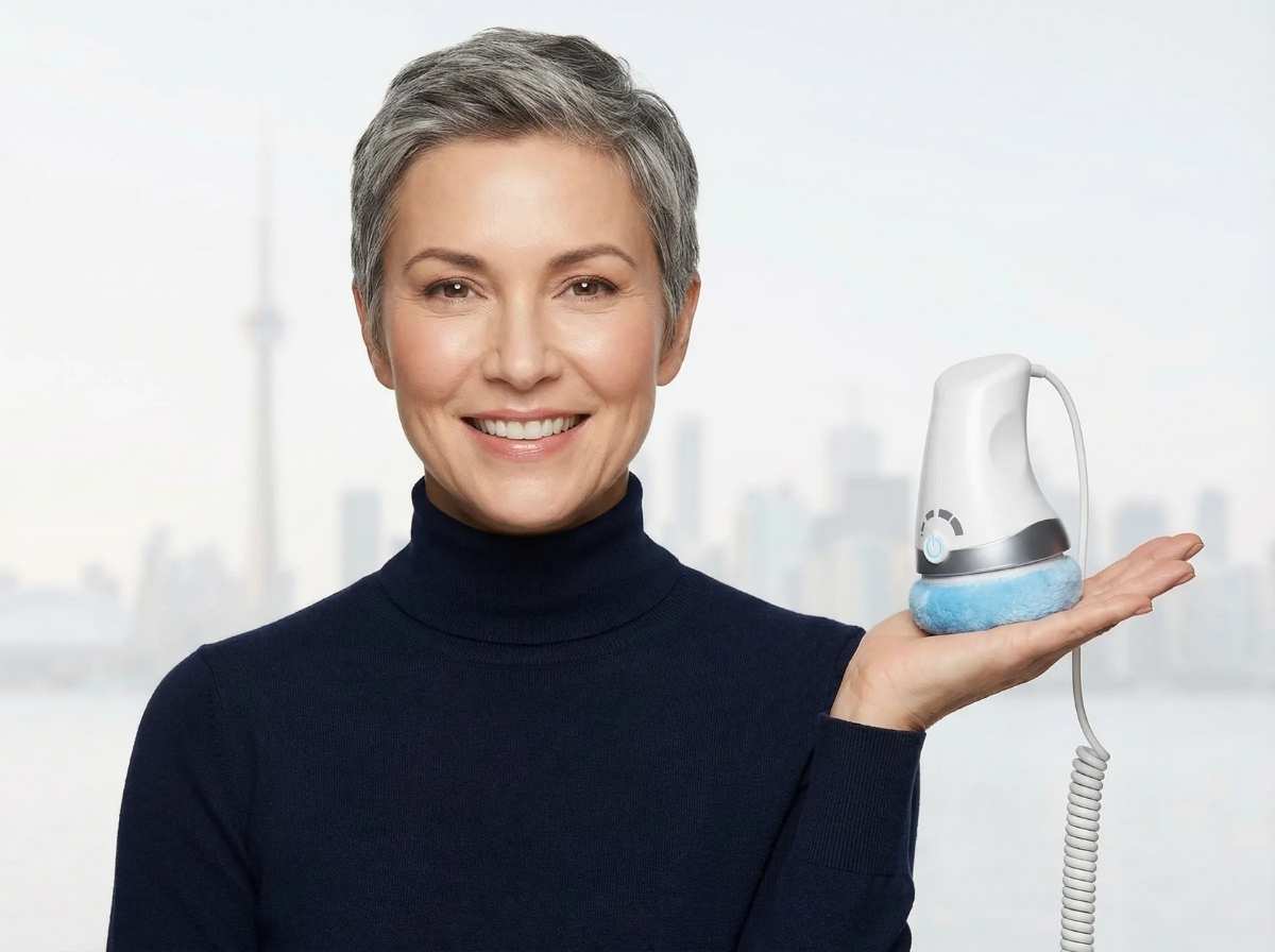 Woman holding a handheld device with a blue head against a light background