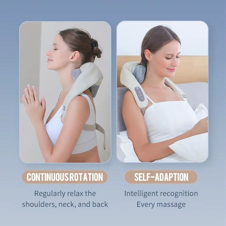 Neck massager advertisement with two modes and speeds on a blue background