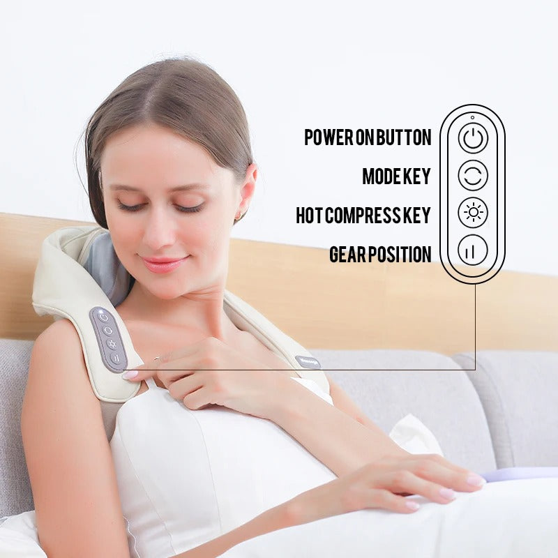 Woman using a neck and shoulder massager with control panel details on a white background