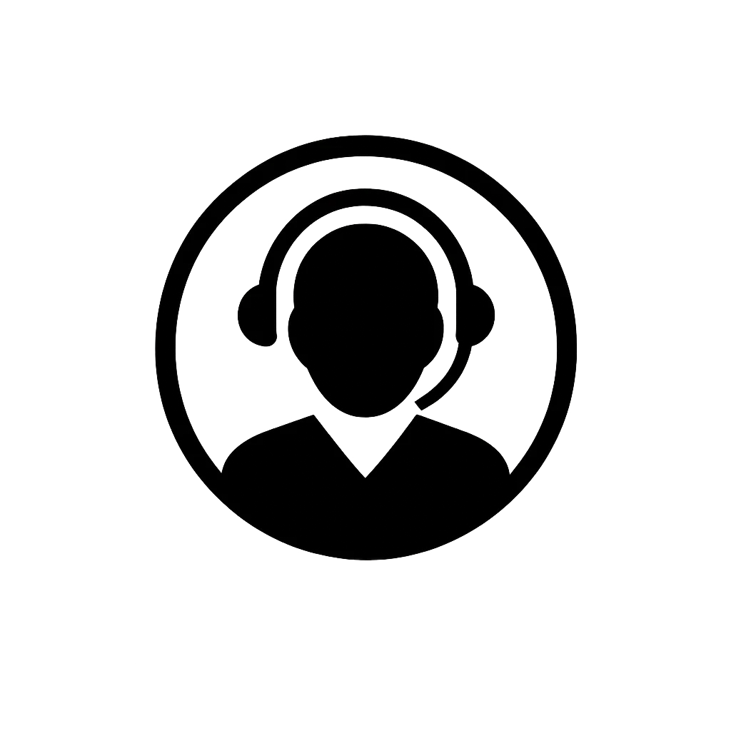 Black silhouette of a person wearing a headset inside a circle on a white background