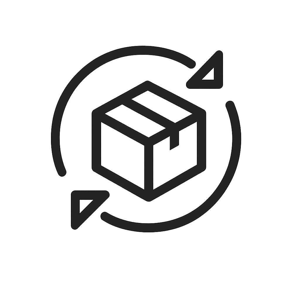 Icon of a box with arrows indicating a circular process on a white background