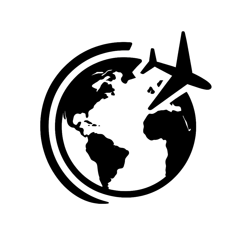 Black silhouette of a globe with an airplane on a white background