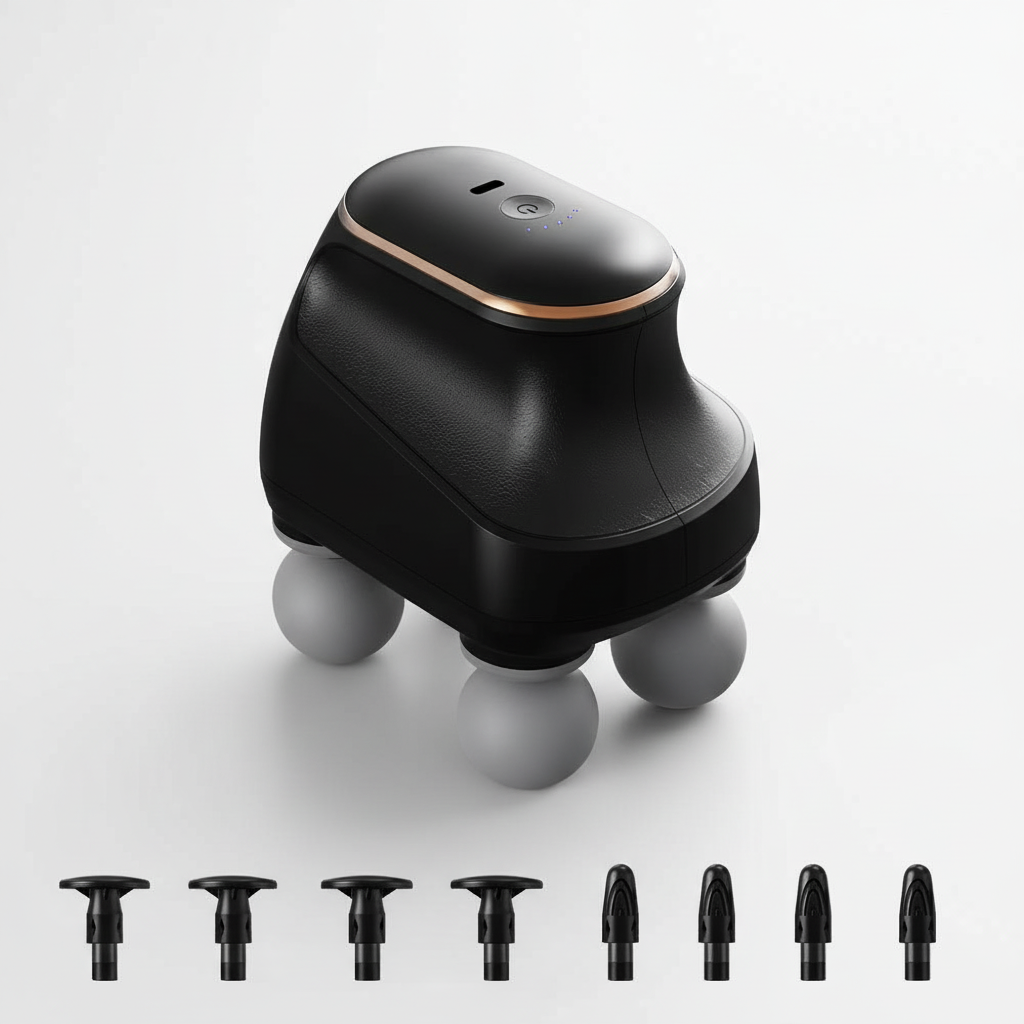 Black handheld device with spherical base and multiple attachments on a white background