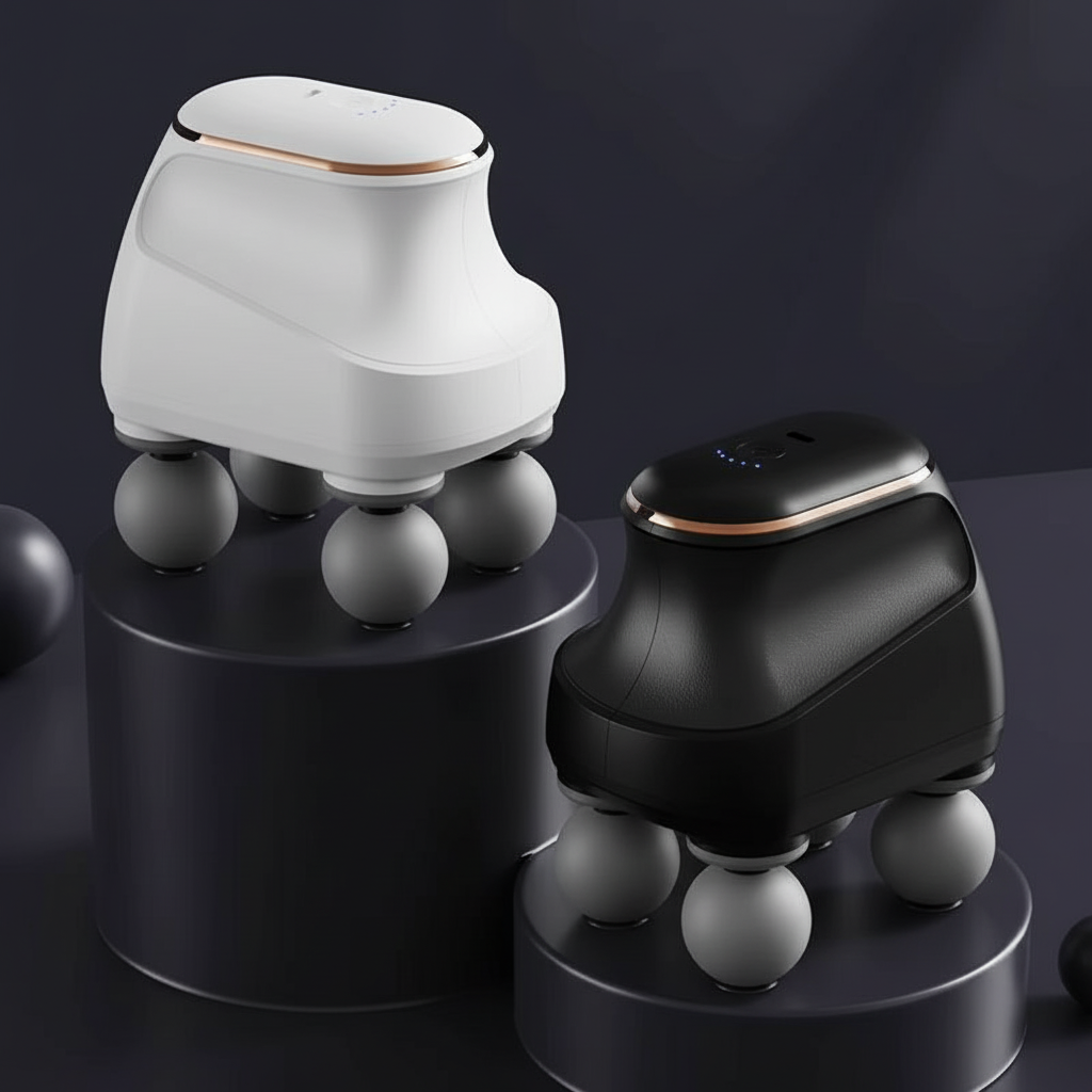 Two massage devices, one white and one black, on cylindrical stands against a dark background.